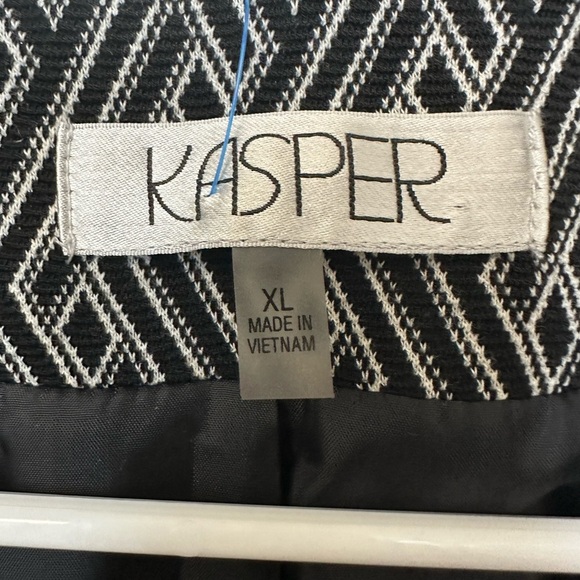 Kasper Knit Chevron Cardigan Open Front Long Jacket Black White Lined EUC XL - Picture 2 of 5